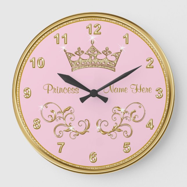 Personalisierte ROSA Prinzessin Clock mit Große Wanduhr (Vorderseite)