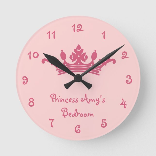 Personalisierte Rosa Prinzessin Girl's Bedroom Runde Wanduhr (Vorderseite)