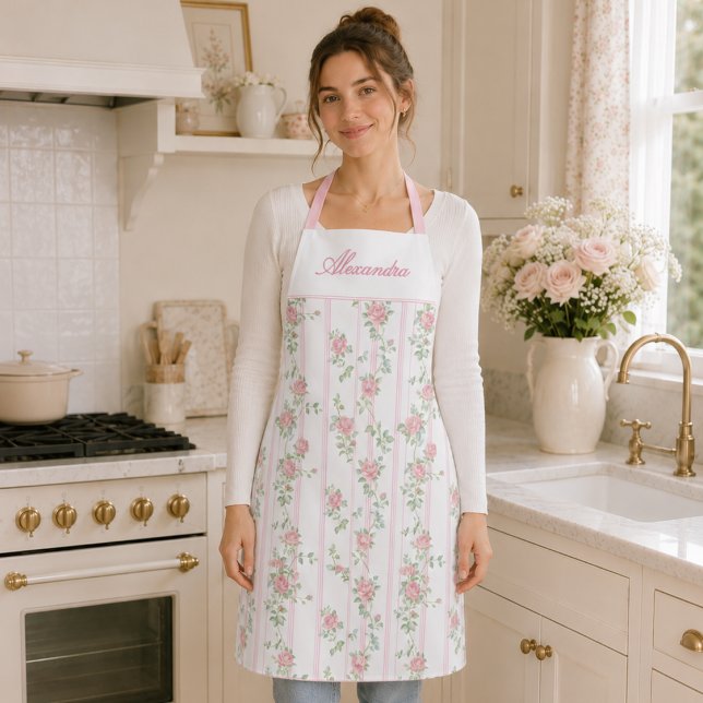 Personalisierte rosa Rosenblüten Schürze (cute elegant pink coquette grandmillennial vintage rose floral apron with custom monogram name)