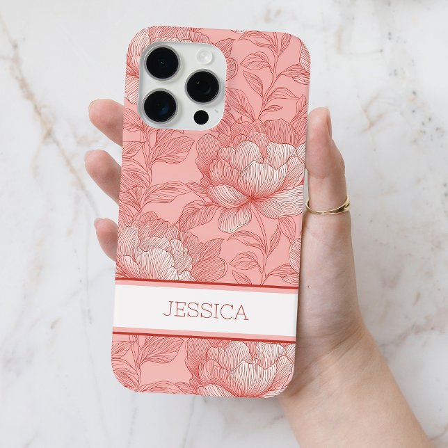 Personalisierte Rosa Rote Peony Blume Name Case-Mate iPhone Hülle (Personalized Pink Floral Red Peony Flowers Name Case-Mate iPhone Case)