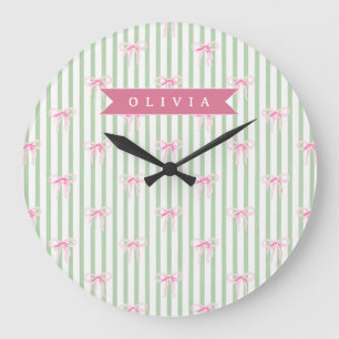 Personalisierte Rosa Schleife Grüne Streifen Coque Große Wanduhr