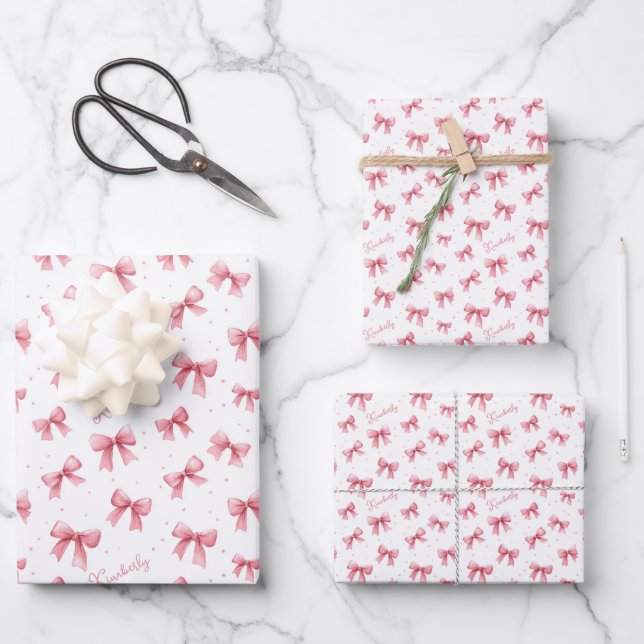 Personalisierte rosa Schleifenname Geschenkpapier Set (Vorderseite)