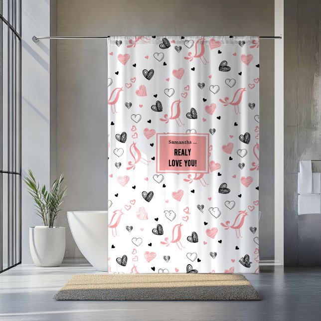 Personalisierte rosa schwarze Herzen romantischer  Duschvorhang (Personalized Pink Black Hearts Romantic Valentine Curtain)