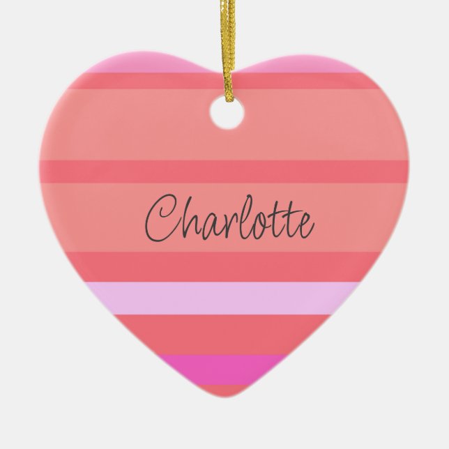 Personalisierte rosa Streifen Herz Keramik Ornament (Vorne)