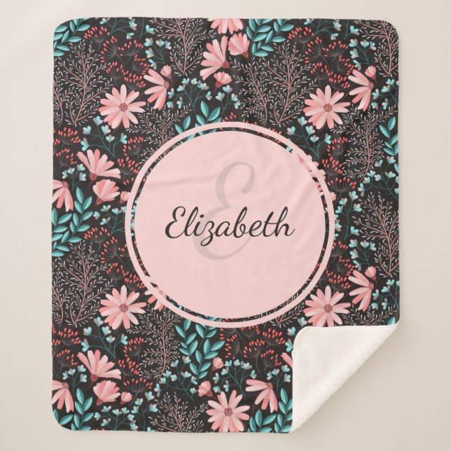 Personalisierte Rosa und Aquamarine dunkle Blüte Sherpadecke (Vorderseite)