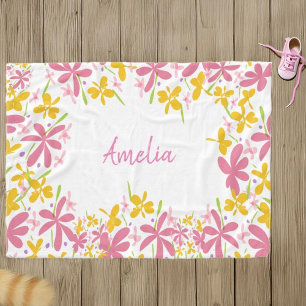 Personalisierte rosa und gelbe Wildblumen Fleecedecke
