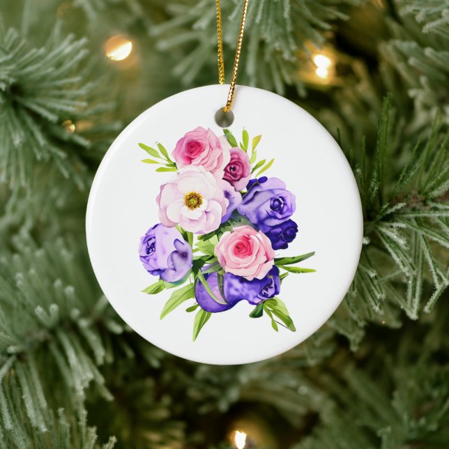 Personalisierte Rosa- und Purpurblumen Weihnachten Keramik Ornament (Baum)