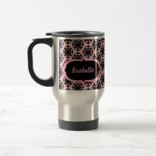 Personalisierte rosa und schwarze Damast-Tasse Reisebecher