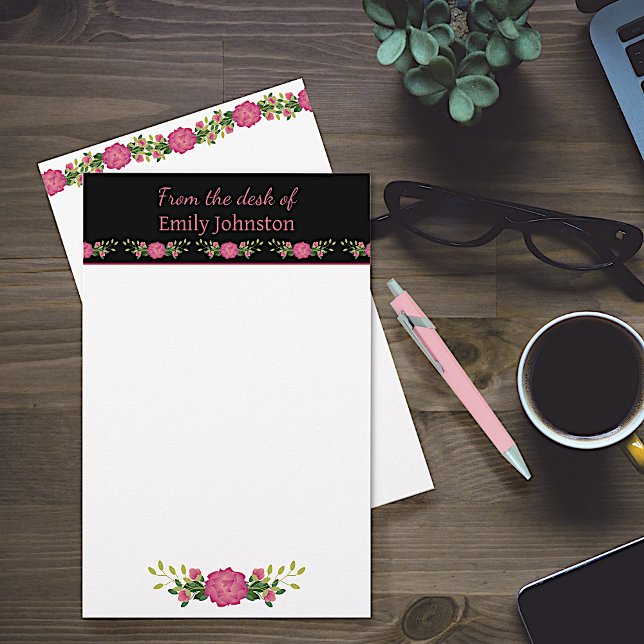 Personalisierte Rosa und Schwarze Flora Briefpapier (Von Creator hochgeladen)