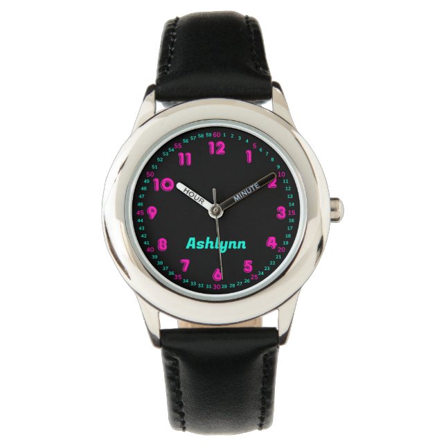 Personalisierte rosa und türkisfarbene Zeit-Lehr-U Armbanduhr (Vorderseite)