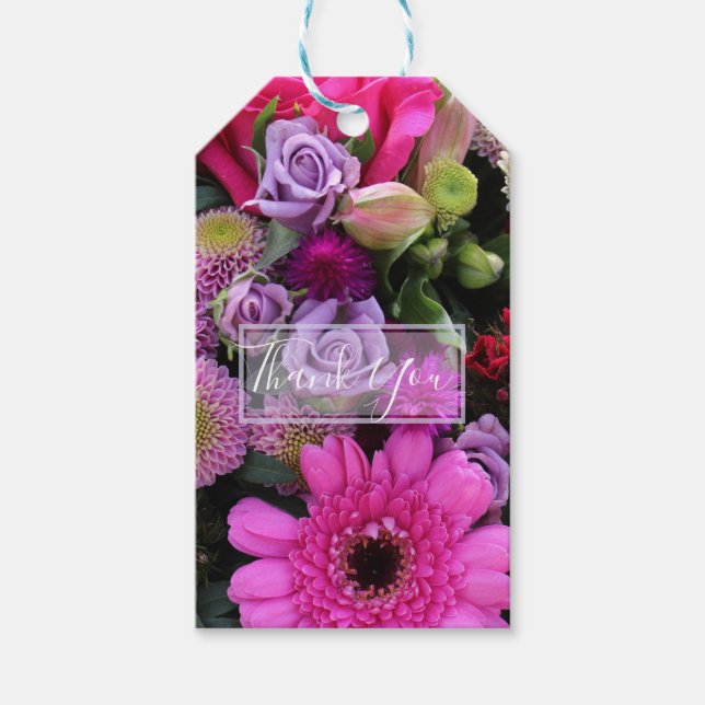 Personalisierte rosa und violette Blumen Geschenkanhänger (Vorderseite)