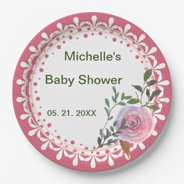 Personalisierte Rosa und Weiß Florals Pappteller (Vorderseite)
