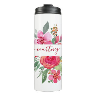 Personalisierte rosa Wasserfarbe floral Thermosbecher
