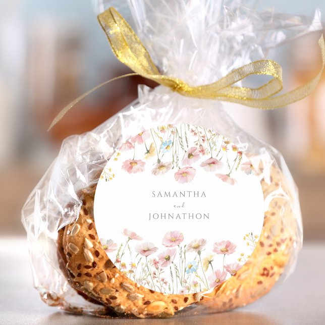 Personalisierte Rosa Wildblume Wasserfarbenhochzei Runder Aufkleber (Von Creator hochgeladen)