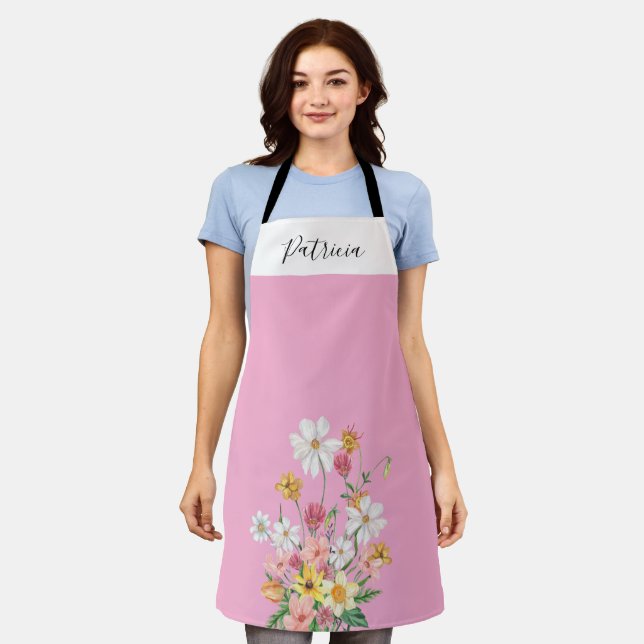 Personalisierte rosa Wildblumen Schürze (Getragen)