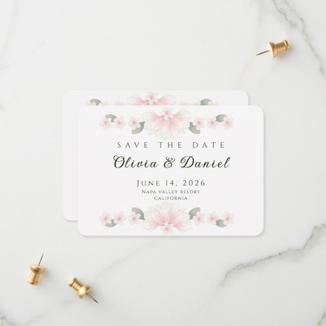 Personalisierte rosafarbene Blumen-Hochzeitseinlad Save The Date (Vorderseite/Rückseite Beispiel)