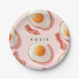 Personalisierte, rosafarbene Eier und Bacon-Muster Pappteller