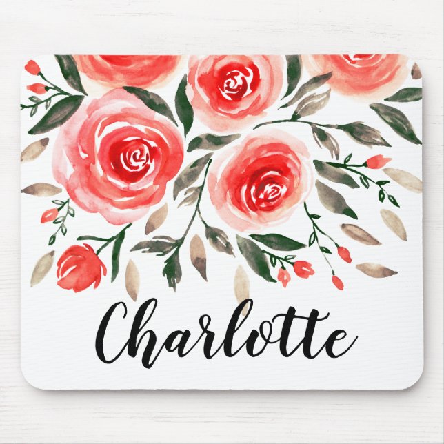 Personalisierte rosarote Watercolor-Rosen mit Mousepad (Vorne)