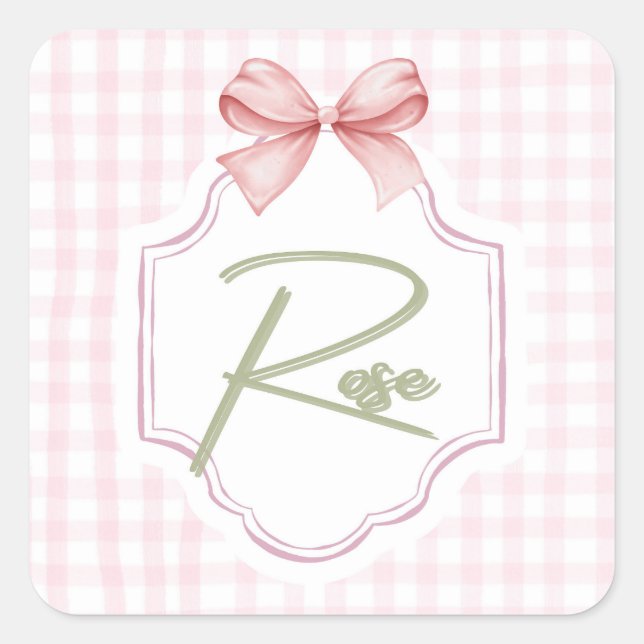Personalisierte Rose Baby Girl Kinderzimmer Bow&Gi Quadratischer Aufkleber (Vorderseite)