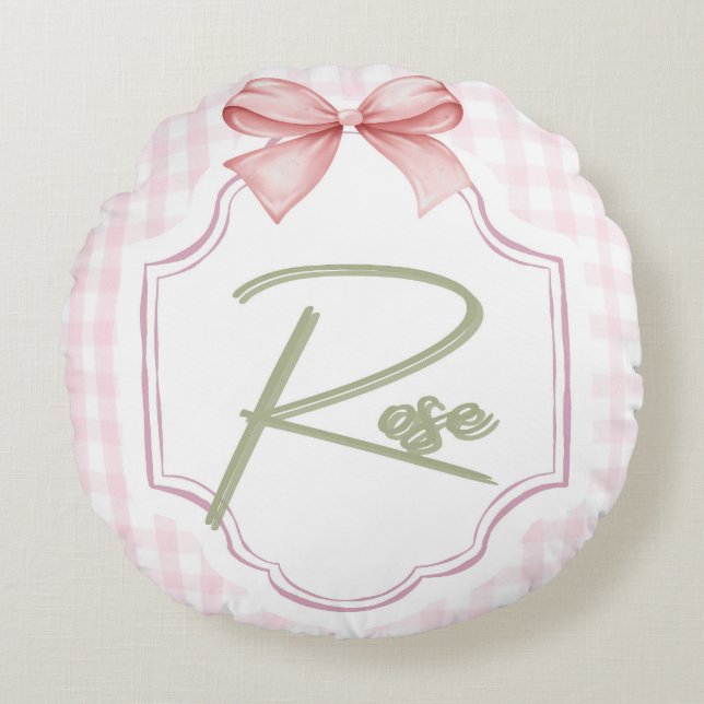 Personalisierte Rose Baby Girl Kinderzimmer Bow&Gi Rundes Kissen (Vorderseite)