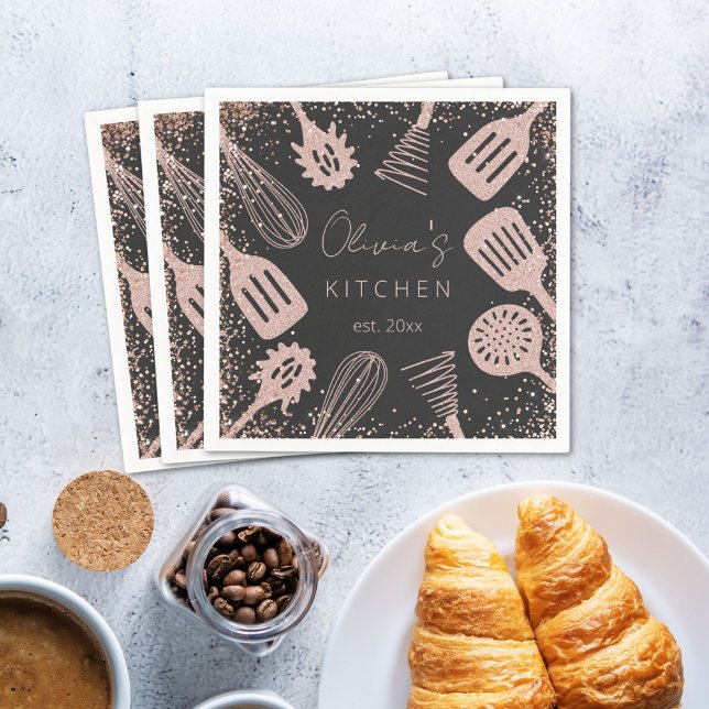 Personalisierte Rose Gold Glitzer Kochwerkzeuge Serviette (In situ)