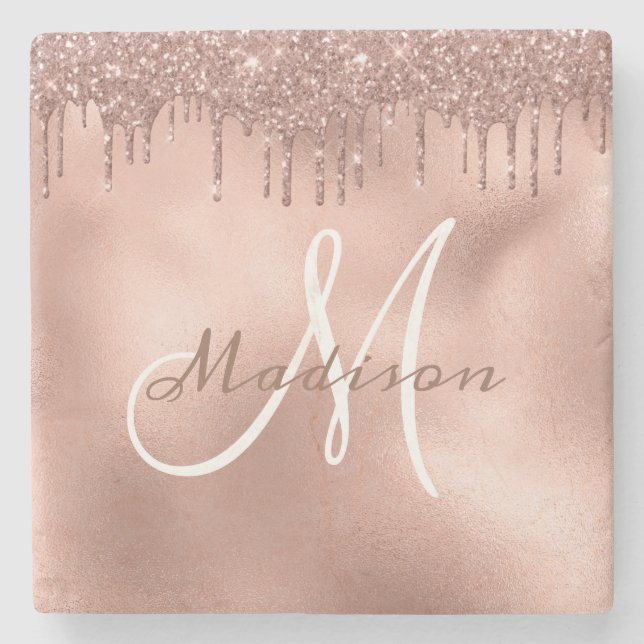 Personalisierte Rose Gold Glitzer Monogram Custom Steinuntersetzer (Vorderseite)