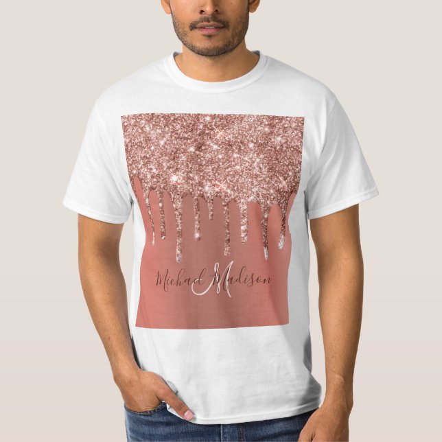 Personalisierte Rose Gold Glitzer Tropfen Girly Lu T-Shirt (Vorderseite)