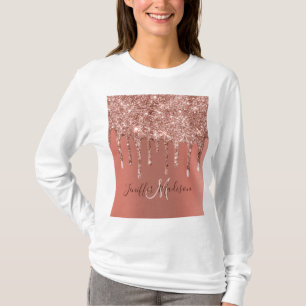 Personalisierte Rose Gold Glitzer Tropfen Girly Lu T-Shirt
