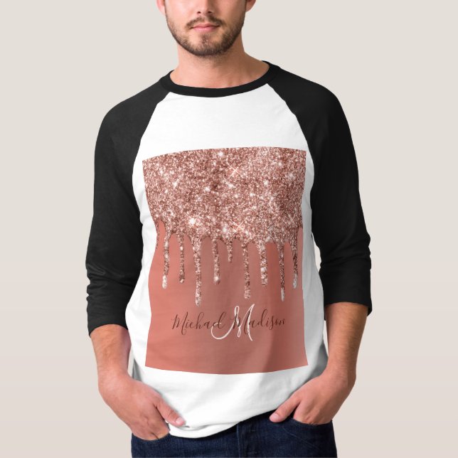 Personalisierte Rose Gold Glitzer Tropfen Girly Lu T-Shirt (Vorderseite)