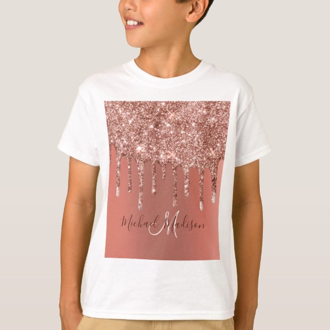 Personalisierte Rose Gold Glitzer Tropfen Girly Lu T-Shirt (Vorderseite)