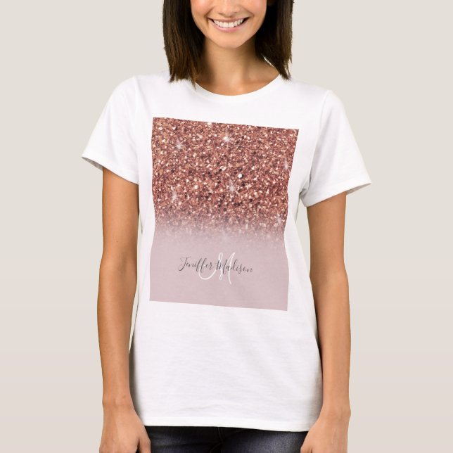 Personalisierte Rose Gold Glitzer Tropfen Girly Lu T-Shirt (Vorderseite)