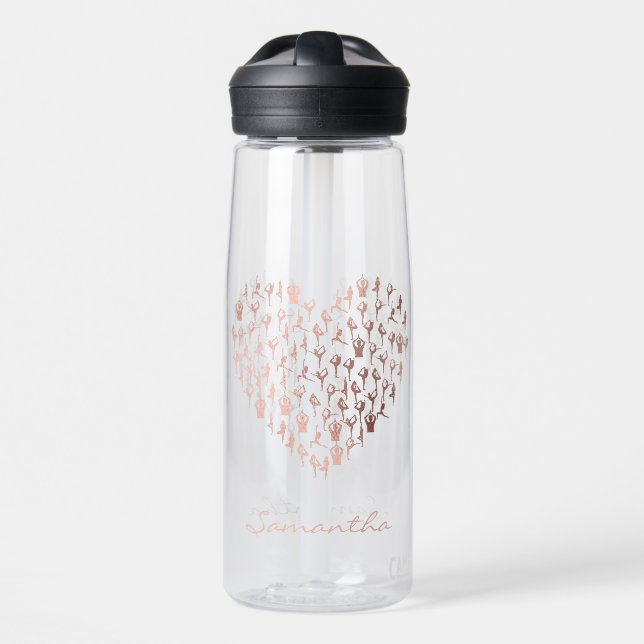 Personalisierte Rose Gold Herz Posen Namaste Yoga Trinkflasche (Vorne)