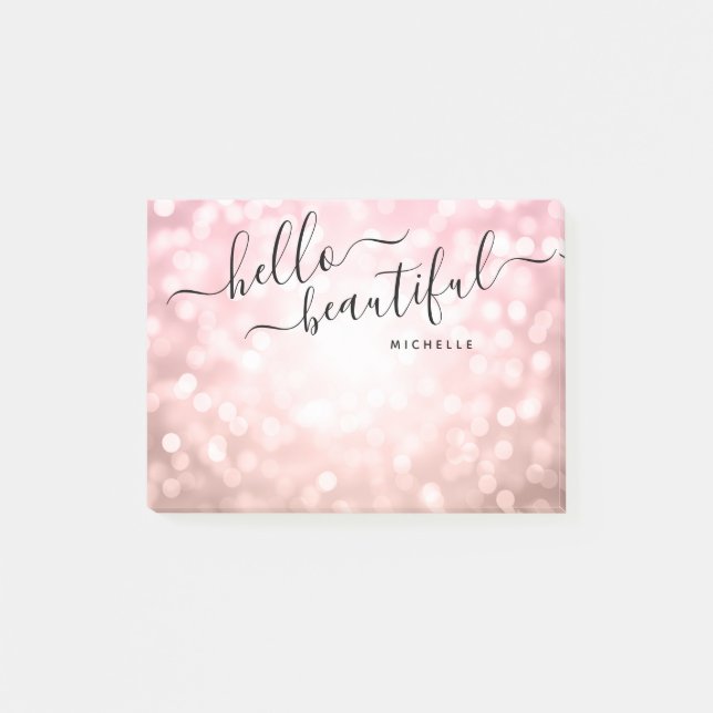 Personalisierte Rose Gold Lights "Hello Beautiful" Post-it Klebezettel (Vorderseite)