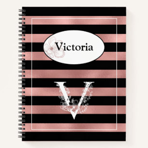 Personalisierte Rose Gold Streifen mit Initial V Notizbuch