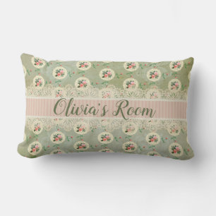 Personalisierte Rosen-Doily Grün Damast Vintage Lendenkissen