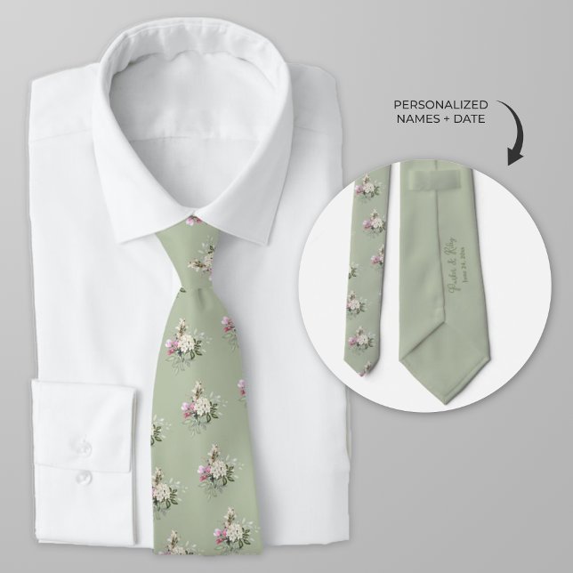 Personalisierte Rosen Krawatte (Sage green personalized wedding tie with pink roses)