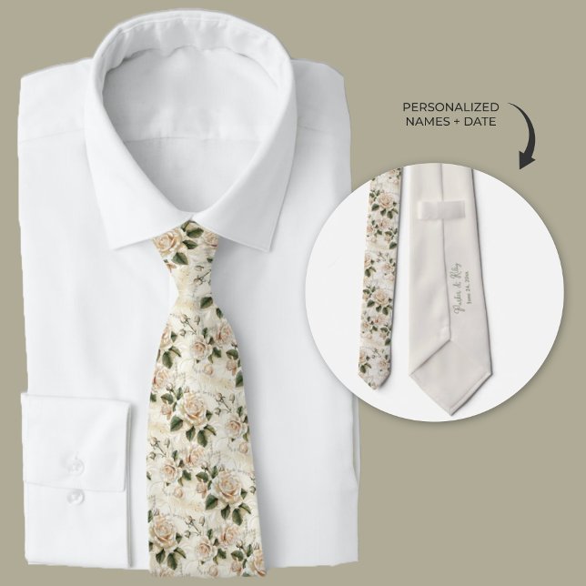Personalisierte Rosen und Perlen Krawatte (White roses and pearls personalized groomsmen neckties)