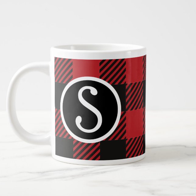 Personalisierte Rot-Schwarz-Buffalo-Kariert-Monogr Jumbo-Tasse (Links)