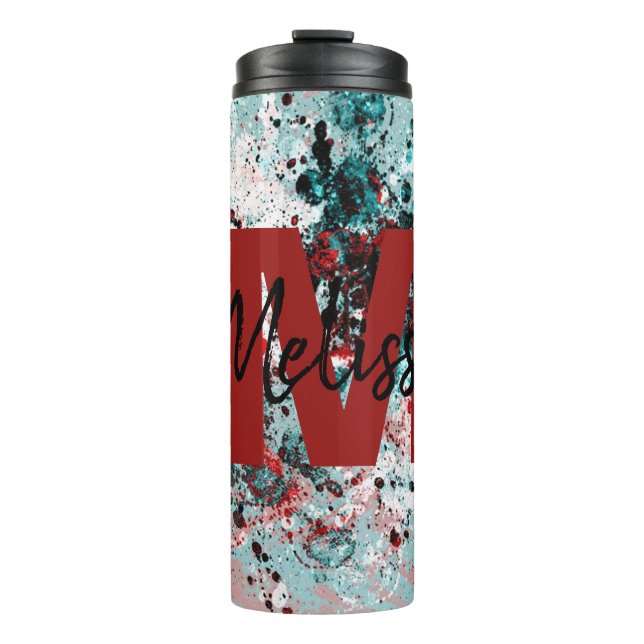 Personalisierte Rot- und aquamarine Spritzer Thermosbecher (Vorderseite)