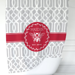 Personalisierte Rot- und Grauhoney-Biene Duschvorhang