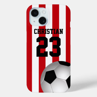 Personalisierte Rot- und Weißstreifen-Fußball iPhone 15 Hülle