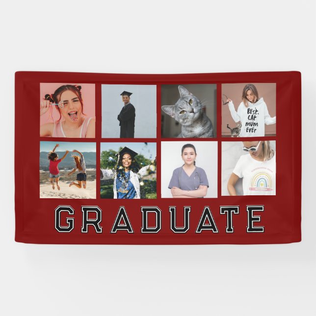 Personalisierte rote 8-Foto-Collage Abschlussfeier Banner (Horizontal)