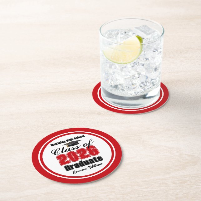 Personalisierte rote Abschlussfeier der Klasse 202 Runder Pappuntersetzer (Vor Ort)