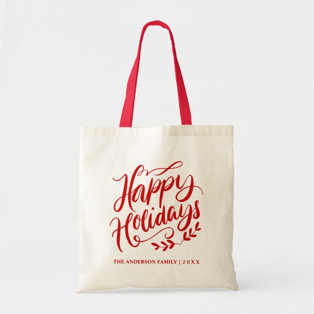 Personalisierte Rote Calligrafie - Happy Holidays Tragetasche (Vorne)