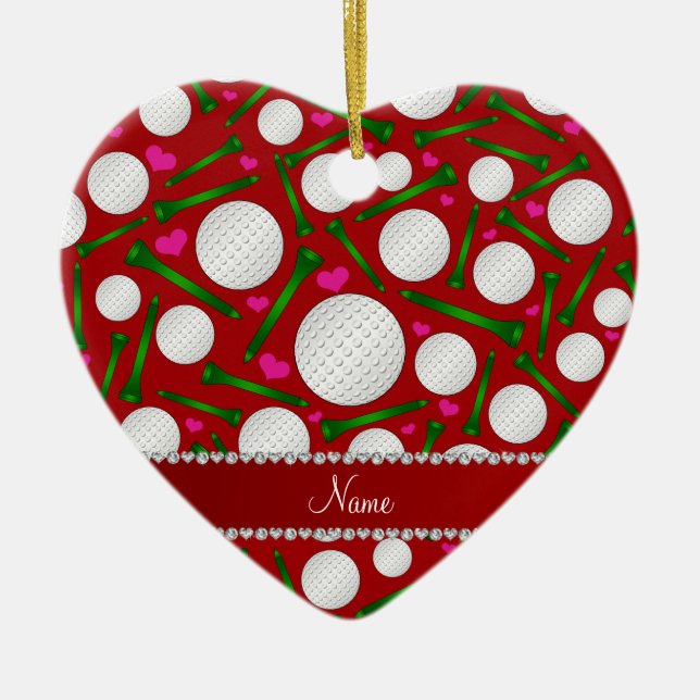 Personalisierte rote Golfball-T-Shirtsnamensherzen Keramikornament (Vorne)