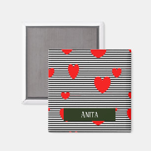Personalisierte rote Herzen und Streifen Magnet