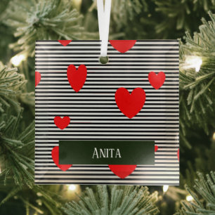 Personalisierte rote Herzen und Streifen Ornament Aus Glas