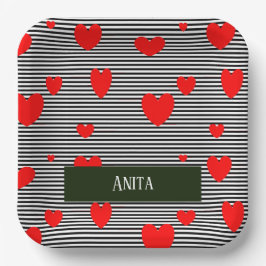Personalisierte rote Herzen und Streifen Pappteller