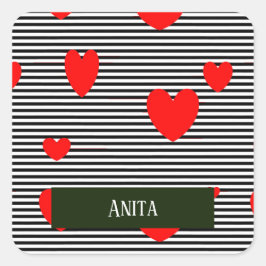 Personalisierte rote Herzen und Streifen Quadratischer Aufkleber