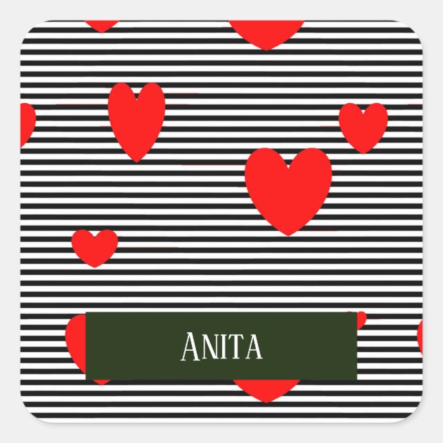 Personalisierte rote Herzen und Streifen Quadratischer Aufkleber (Vorderseite)